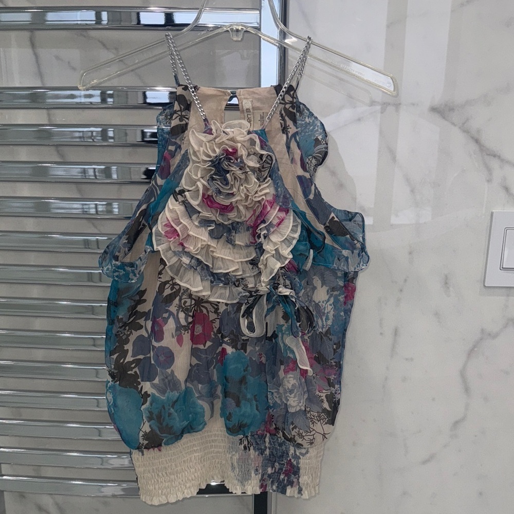Floral Chiffon like dressy sleeveless Top with silver chain straps